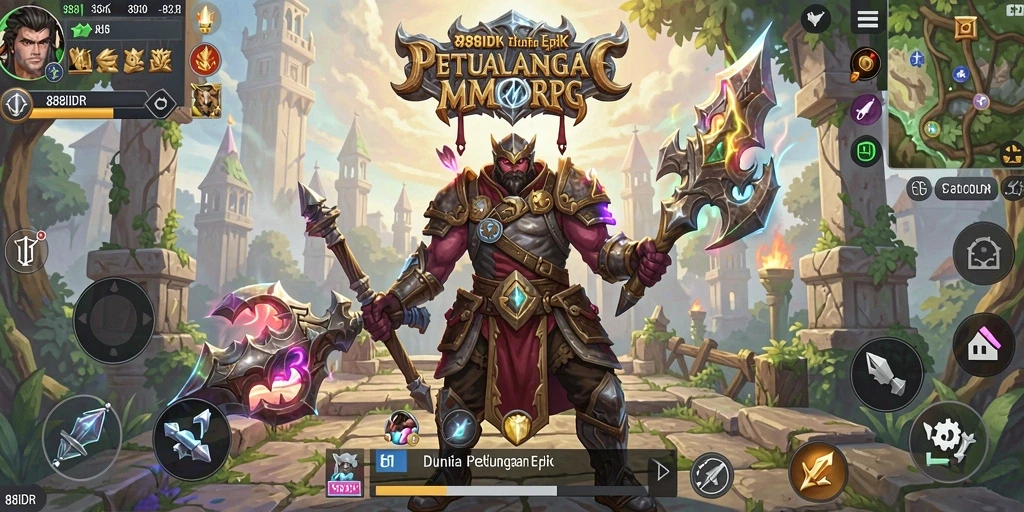Tampilan gameplay 888IDR menampilkan aksi pertempuran seru di dunia luas MMORPG.