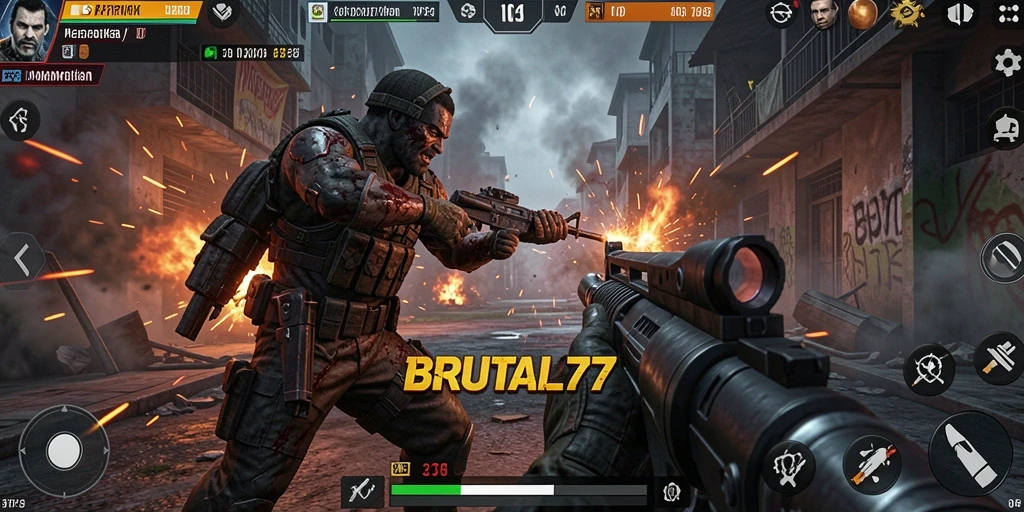 Screenshot gameplay BRUTAL77 menampilkan aksi pertempuran yang seru.