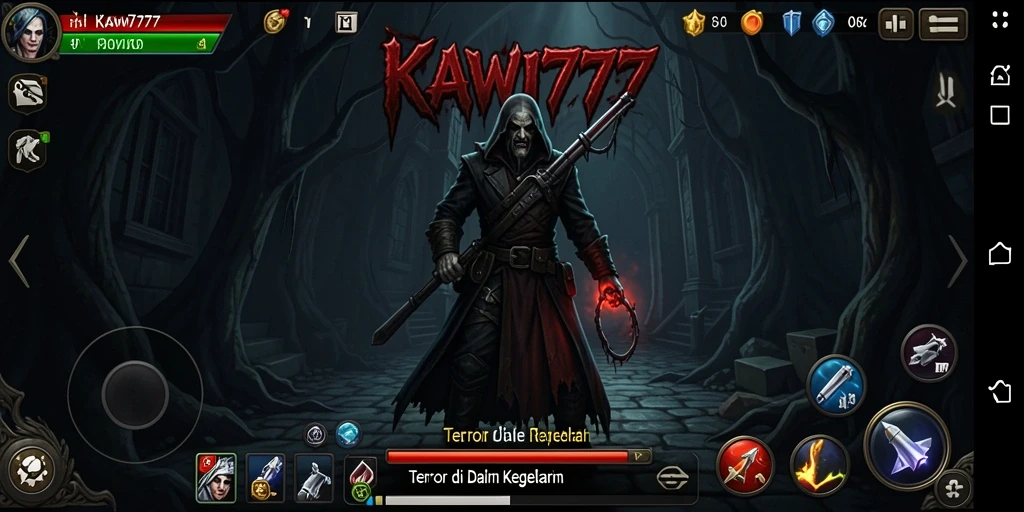 Tampilan gameplay KAWI777 yang menegangkan dengan suasana horor yang mencekam.
