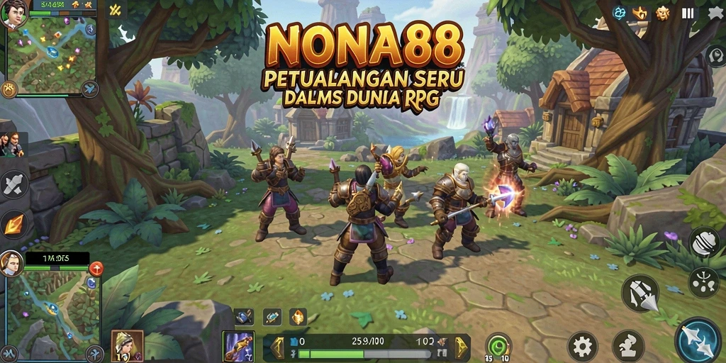 Screenshot gameplay NONA88 menunjukkan pertempuran seru dan eksplorasi dunia RPG.