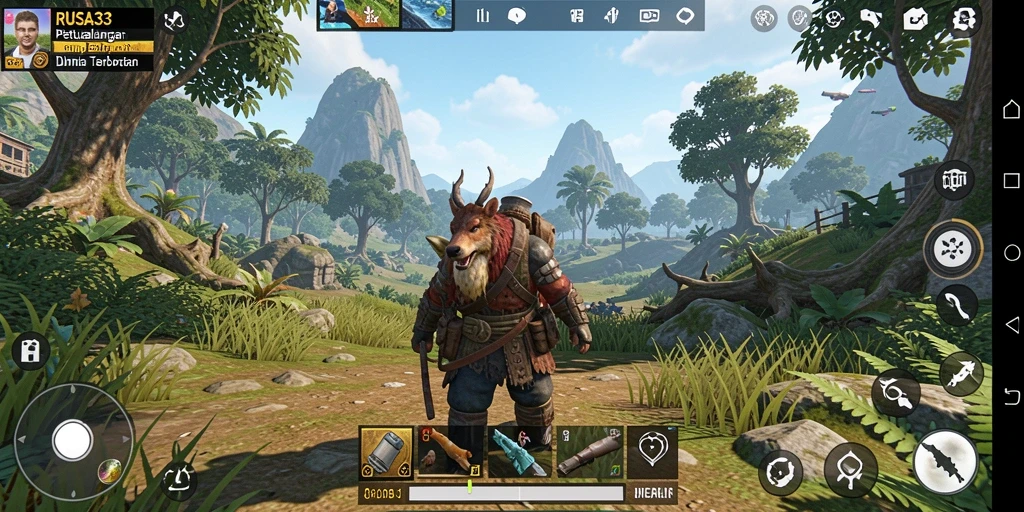 Screenshot gameplay RUSA33 menampilkan petualangan di dunia terbuka.