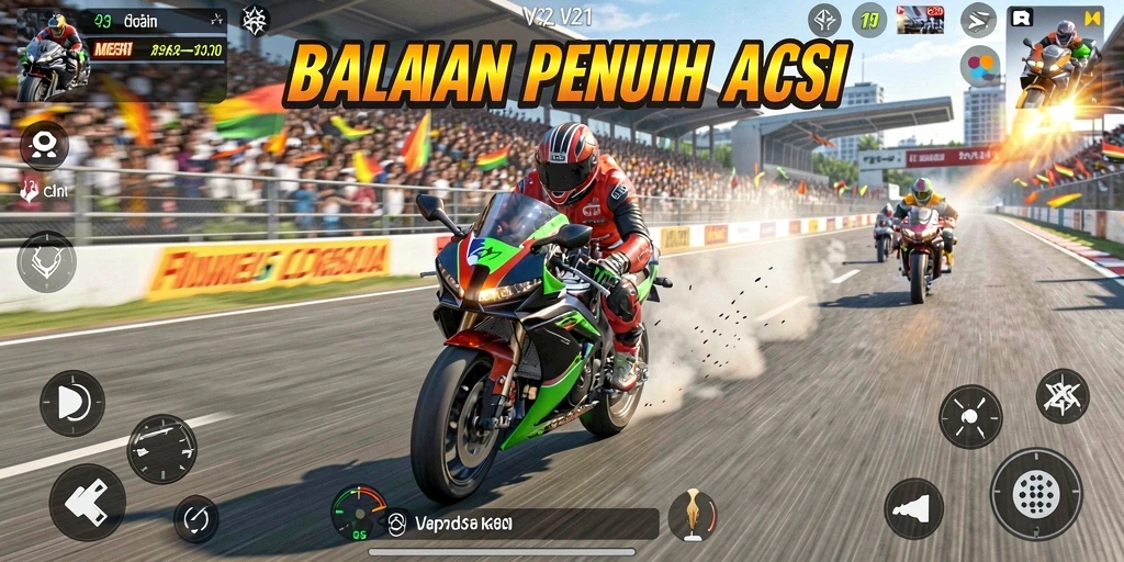 Screenshot gameplay V21 dengan balapan motor yang seru.